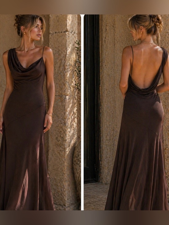 Zara Dresses & Skirts - ZARA Chocolate Brown Asymmetrical Draped Strap Maxi Dress w/ Built-In Bodysuit